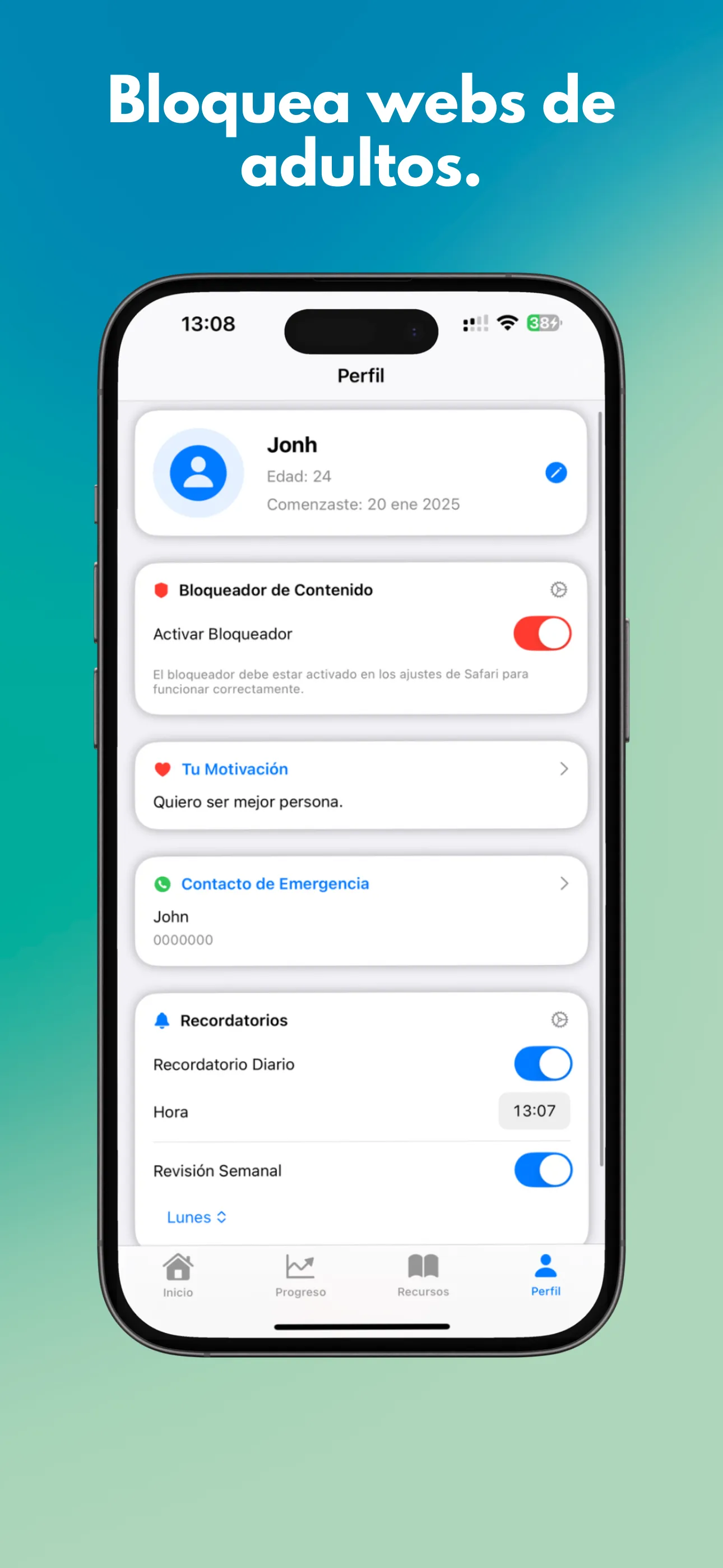 Perfil con el bloqueador de contenido para Safari activado y los recordatorios